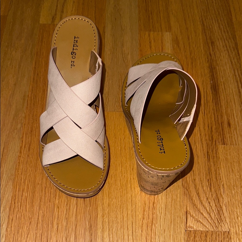 Indigo Light Pink Wedge Sandals with Crisscross Straps
